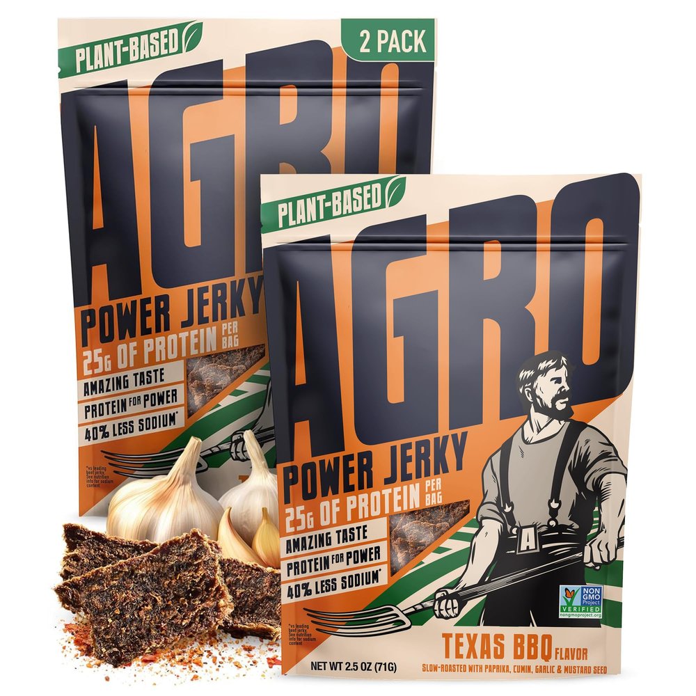 AGRO POWER Vegan Jerky - Texas BBQ Flavor  Delicious, Non-GMO Certified Vegetarian Jerky with 25 Grams of Plant-Based Protein and 40% Less Sodium. High Protein Vegan Snacks - 2 Pack Set