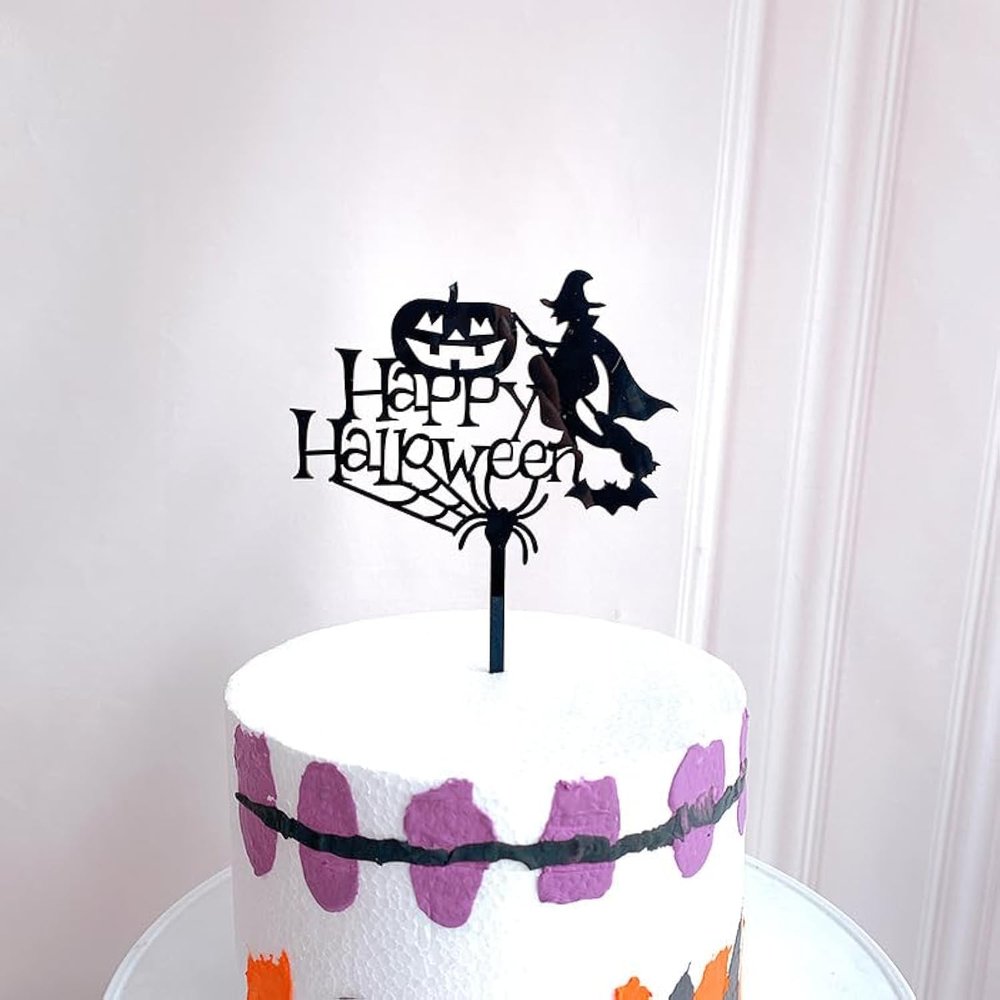Halloween Happy Birthday Cake Topper, Spooky Haunted House Black Glitter Cake Supplies, Creepy Birthday Themed Party Decor Black Glitter (witches)