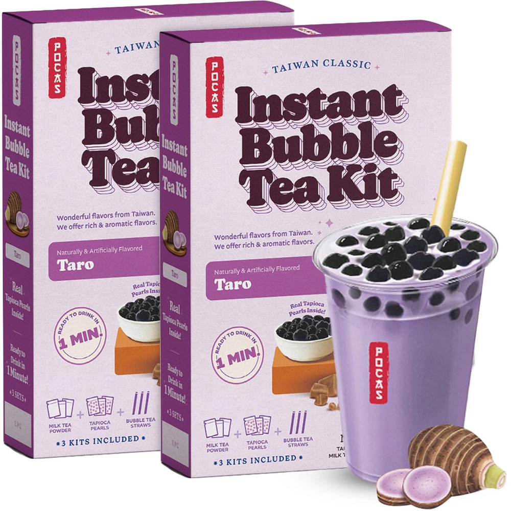 Pocas Bubble Tea Kit, Taro 2-Pack  Milk Tea Powder with Tapioca Pearls, Boba Straws, 3 Kits Per Box