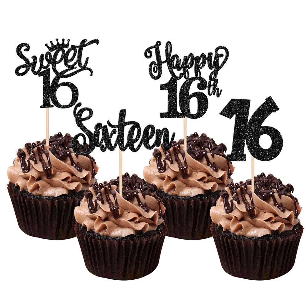 24 PCS Sweet 16 Cupcake Toppers with Crown Glitter Sixteen Happy 16th Birthday Cupcake Picks for Happy 16th Birthday Anniversary Party Cake Decorations Supplies Black