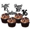 24 PCS Sweet 16 Cupcake Toppers with Crown Glitter Sixteen Happy 16th Birthday Cupcake Picks for Happy 16th Birthday Anniversary Party Cake Decorations Supplies Black view 1