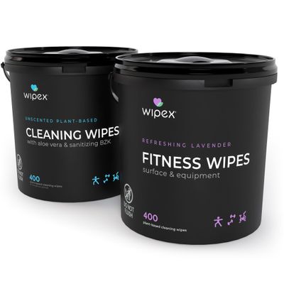 Wipex Gym Wipes Bundle - Get 2 Buckets (1) Lavender Plant-Based Fitness Equipment Wipes & (1) Sanitizing BZK for Skin, Great for Gyms, Yoga Studios, Home, Fitness Centers, 400 Ct (Pack of 2)