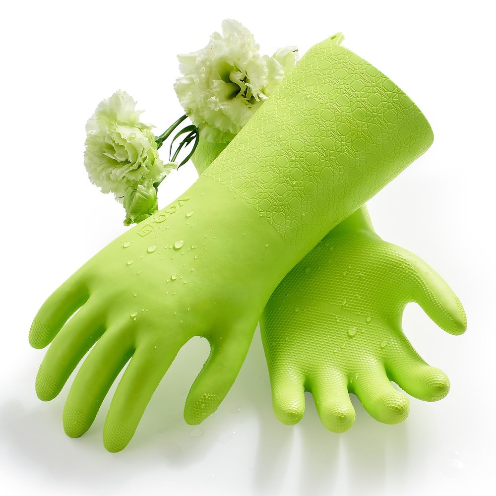 Vgo... 1 Pair Household Cleaning Gloves Infused with Rresh Rich Aromas, Lined Dishwashing Gloves,Long Sleeves Kitchen Gloves, Bathroom Cleaning, Gardening, Pet Care(Light Green,Size L,TP1117)
