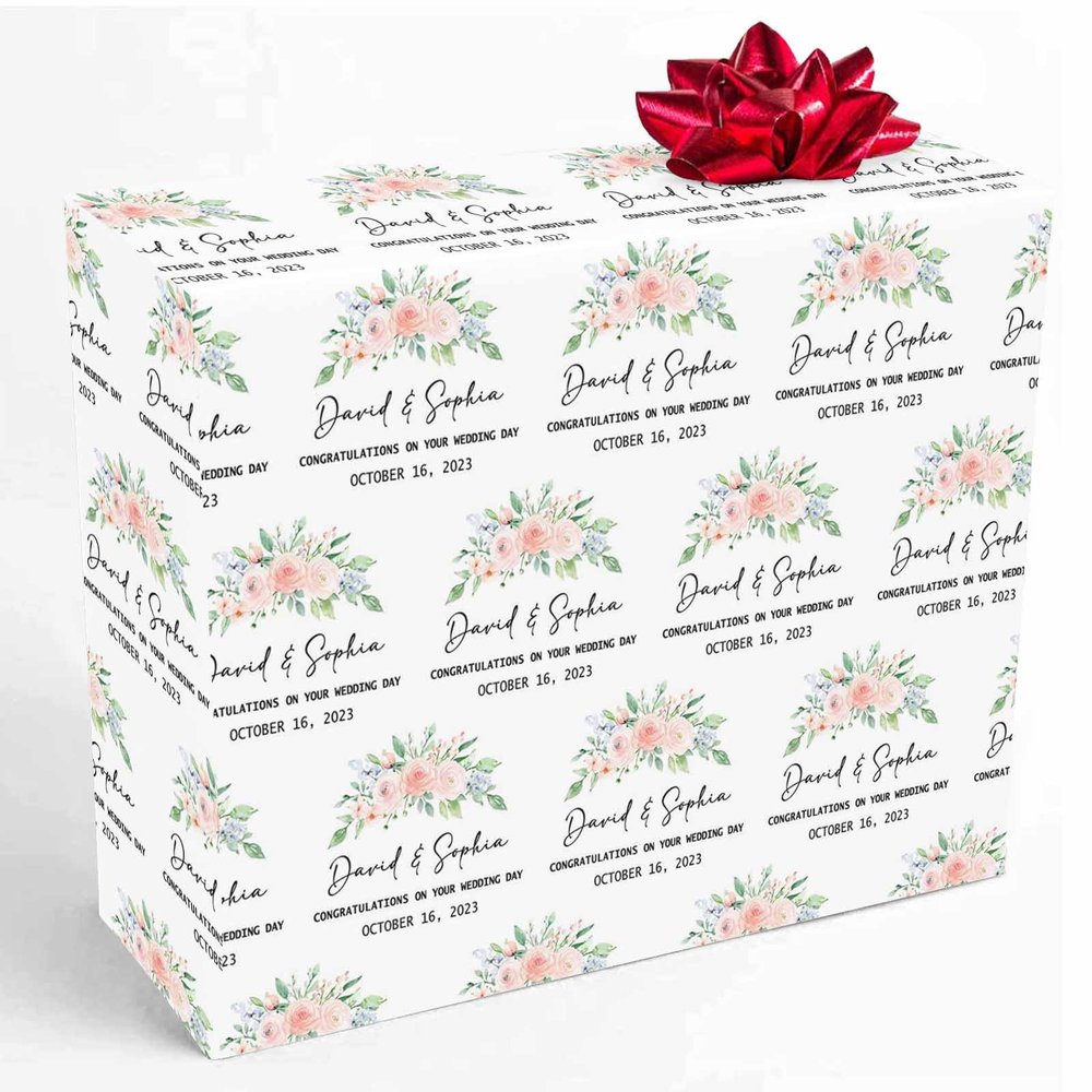 InterestPrint Custom Wedding Gift Wrapping Paper, Personalized Floral White Wrapping Paper Roll Customized Name Wrap Paper for Bride Groom Married Party 58x23 3 Rolls