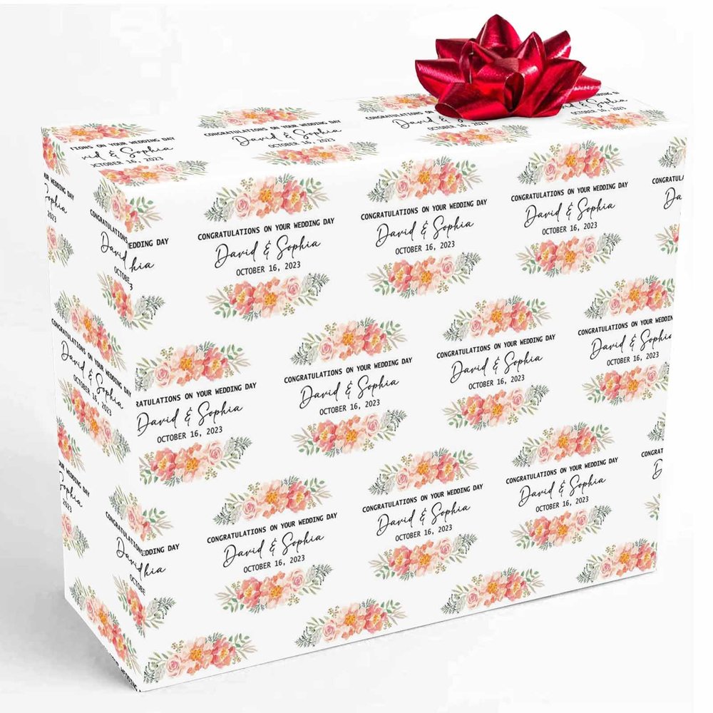 InterestPrint Personalized Wedding Wrapping Paper Roll, Custom Vintage Leaves Floral Wrap Paper with Name Customized Gift Wrapping Paper for Boyfriend Girlfriend 58x23 5 Rolls