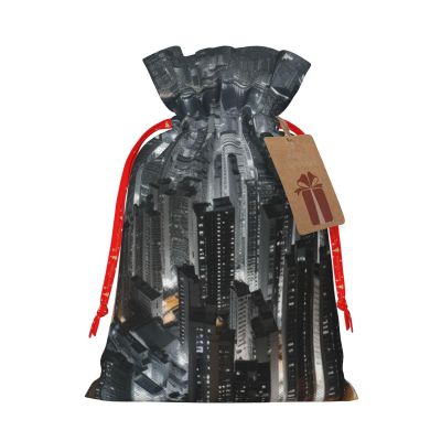 Aerial Night of View Hong Kong print Christmas Gift Bag With Tags Xmas Burlap Drawstring Pouches Candy Sacks For Xmas Decor Party Presents Small