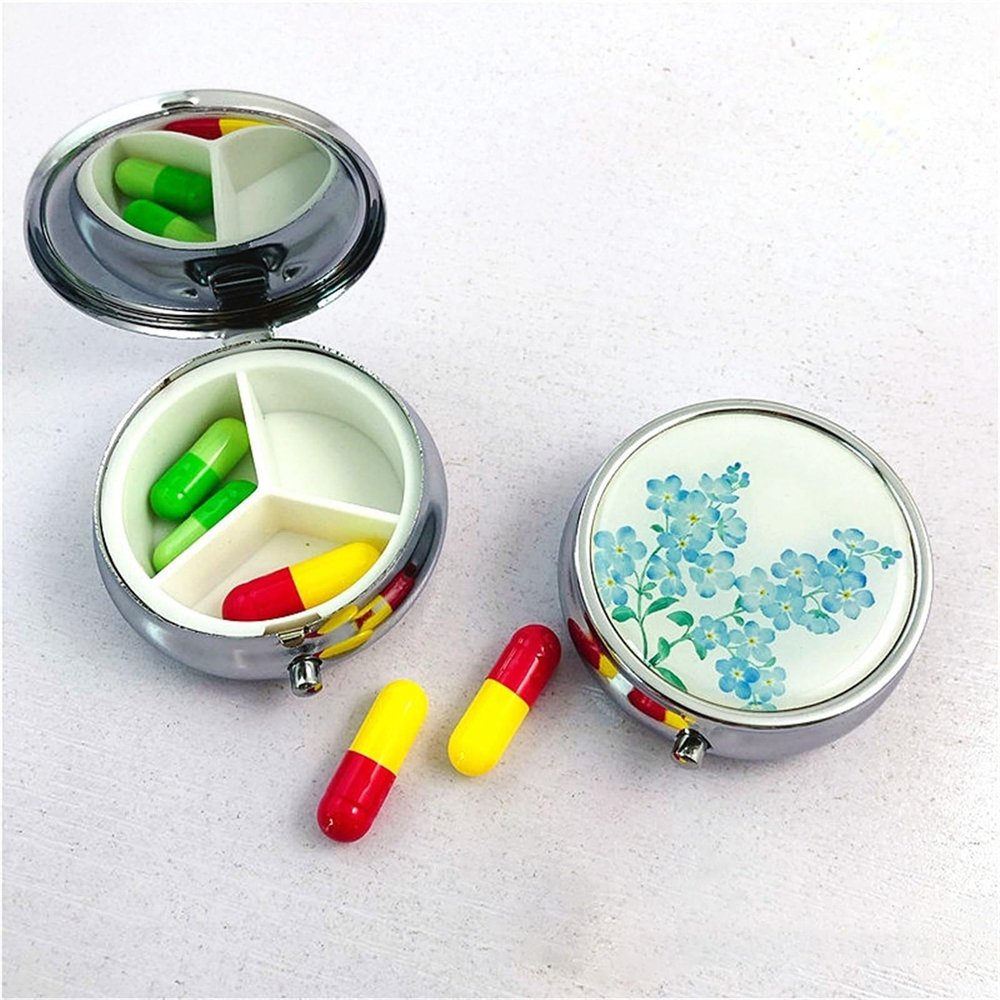 3 Cell Metal Pill Boxes Stainless Steel Round Pill Boxes Medicine Organizer Container Medicine Case Splitters Pill Pill Bottle (Color : Blue Flowers)