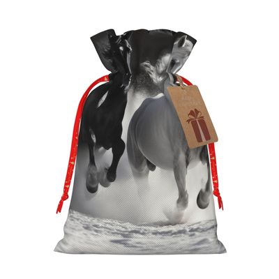 AdaNti Black and White Horses Running print Christmas Gift Bag With Tags Xmas Burlap Drawstring Pouches Candy Sacks For Xmas Decor Party Presents Medium