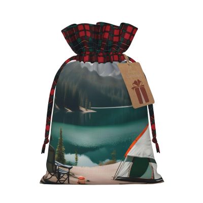 ZISHAK Serenity Lake Camping Splice Burlap Drawstring Gift Bag:A Reusable Christmas Burlap Gift Pouch For All Your Needs