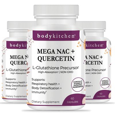Body Kitchen Mega NAC (N-Acetyl Cysteine) 600 mg with Quercetin, Supports Respiratory Health and Immune Function and Promotes Liver and Kidney Detox, Veggie Caps, (Pack of 3)