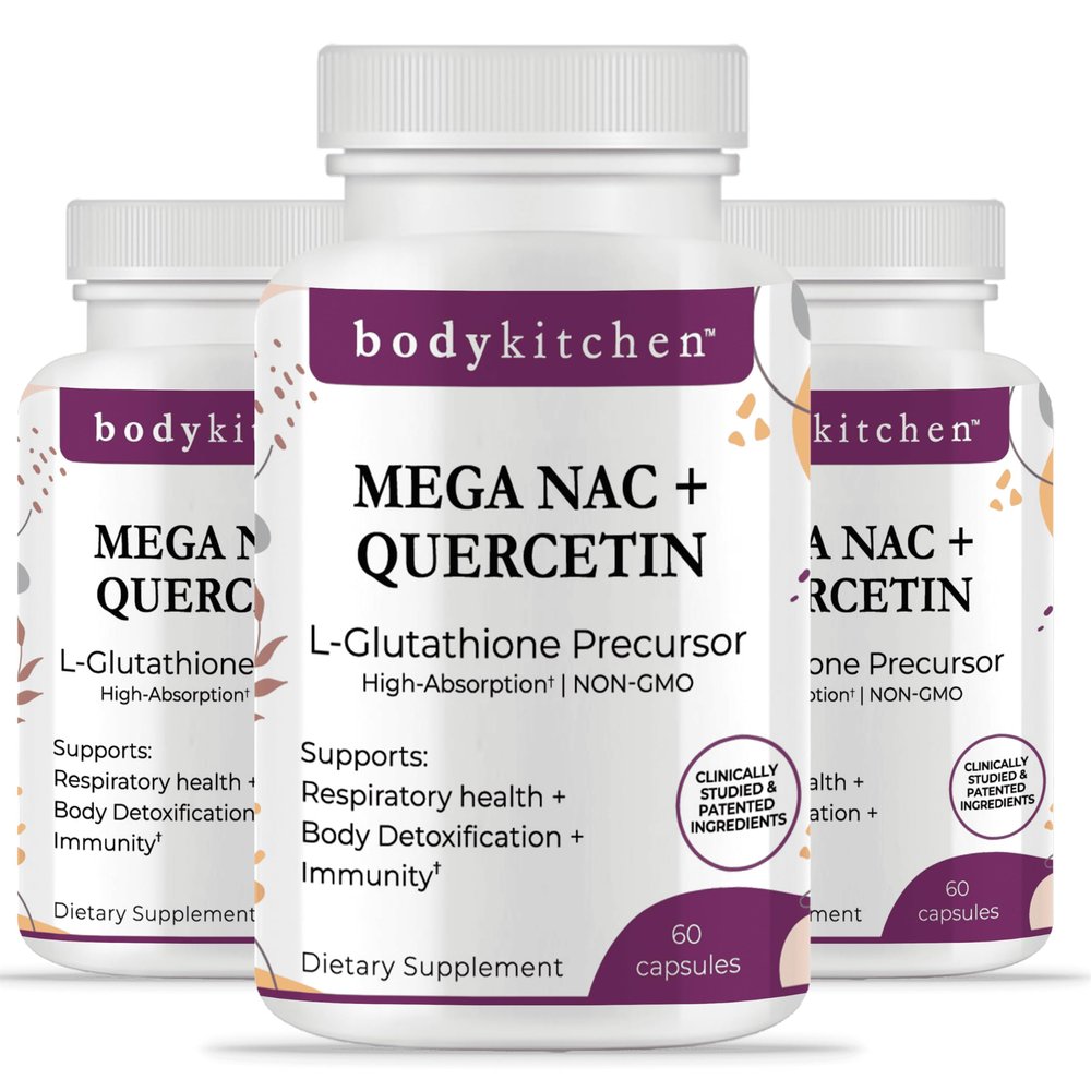 Body Kitchen Mega NAC (N-Acetyl Cysteine) 600 mg with Quercetin, Supports Respiratory Health and Immune Function and Promotes Liver and Kidney Detox, Veggie Caps, (Pack of 3)