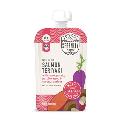 Serenity Kids 6+ Months World Explorers Baby Food Pouches Puree Made With Ethically Sourced Meats & Organic Veggies | 3.5 Ounce BPA-Free Pouch | Salmon Teriyaki | 1 Count