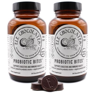 Ele Chocolates Dark Chocolate Daily Probiotic Supplement Bites 3 Billion CFUs for Digestive Gut Health, Immune Support for Women, Men and Kids, 100% Natural and Organic, Gluten-Free, 2-Pack