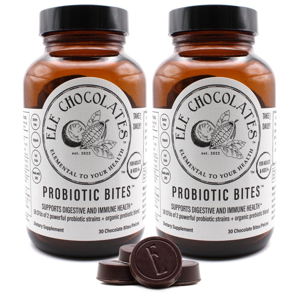 Ele Chocolates Dark Chocolate Daily Probiotic Supplement Bites 3 Billion CFUs for Digestive Gut Health, Immune Support for Women, Men and Kids, 100% Natural and Organic, Gluten-Free, 2-Pack