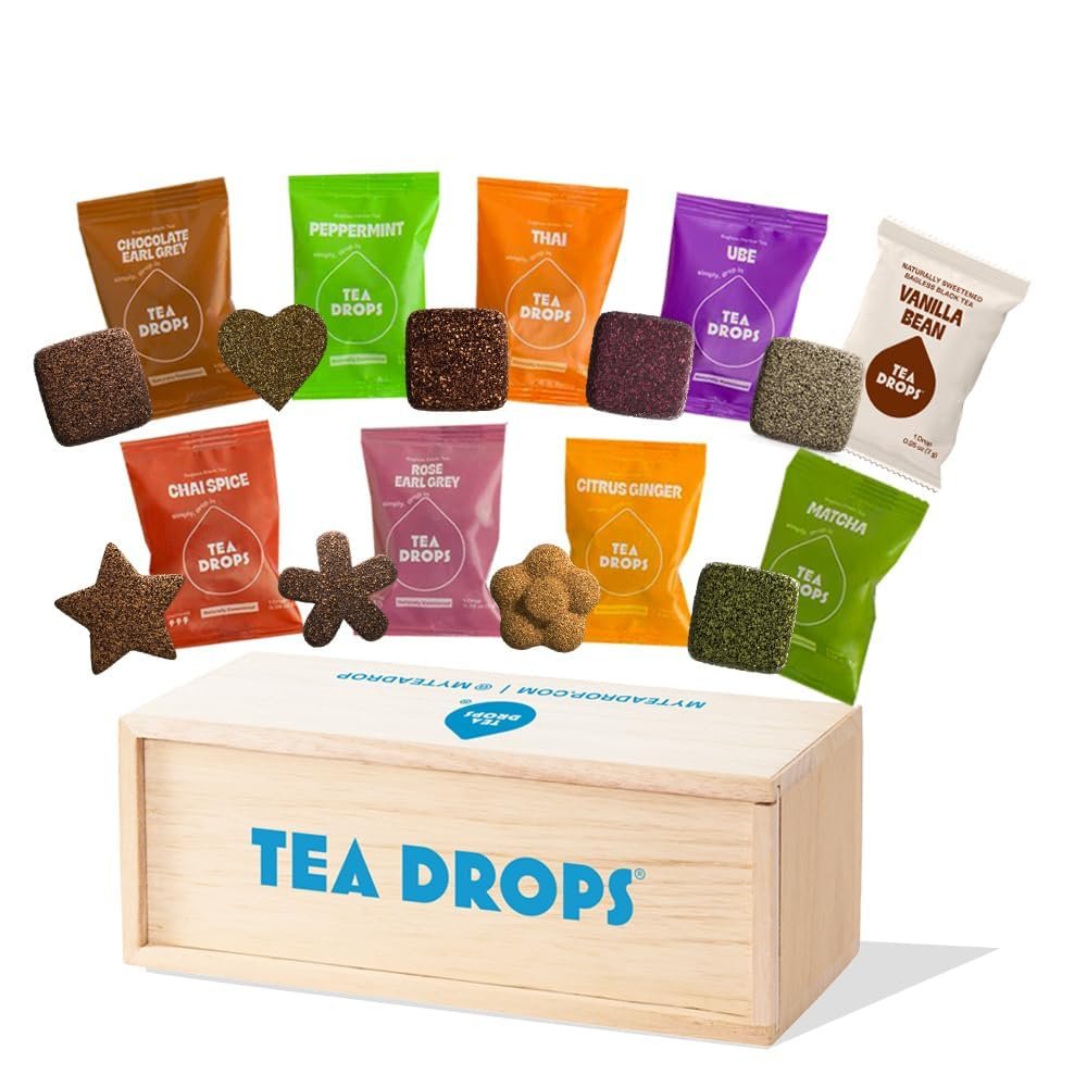 Tea Drops Gift Set | Organic Dissolvable Loose Leaf Tea | Microplastic-Free | Chai Spice Chocolate Earl Grey Citrus Ginger Rose Matcha Peppermint Ube Vanilla Bean Thai | 9 Sampler Assortment - 1 Per Flavor