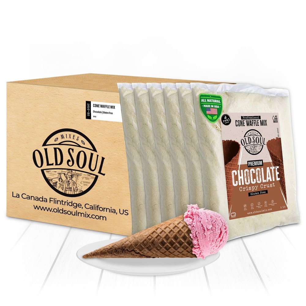 OLDSOUL Professional Cone Waffle Mix | GLUTEN FREE | Chocolate Flavor | 30 Lbs | Batter Mix | 672 Cone Waffles (30 Lbs, Gluten Free)