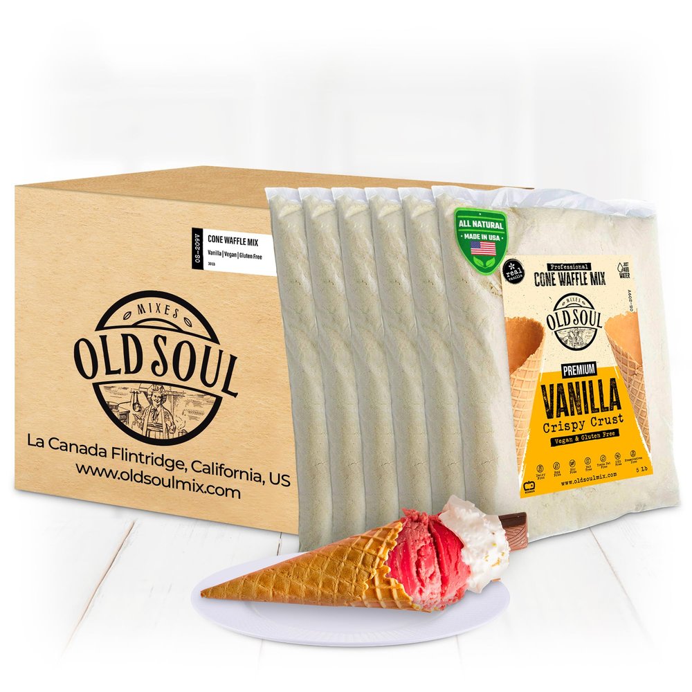 OLDSOUL Professional Cone Waffle Mix | GLUTEN FREE & VEGAN | Vanilla Flavour | Batter Mix | 30 Lbs | 672 Waffles (30 Lbs, Gluten Free & Vegan)