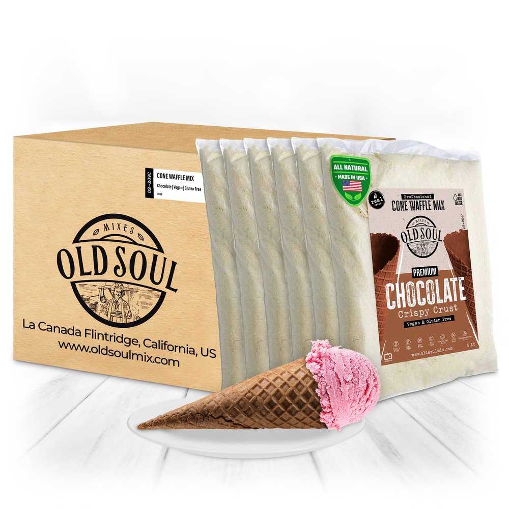 OLDSOUL Professional Cone Waffle Mix | GLUTEN FREE & VEGAN | 30 Lbs | Chocolate Flavor | Batter Mix | 672 Cone Waffles (30 Lbs, Gluten Free & Vegan)