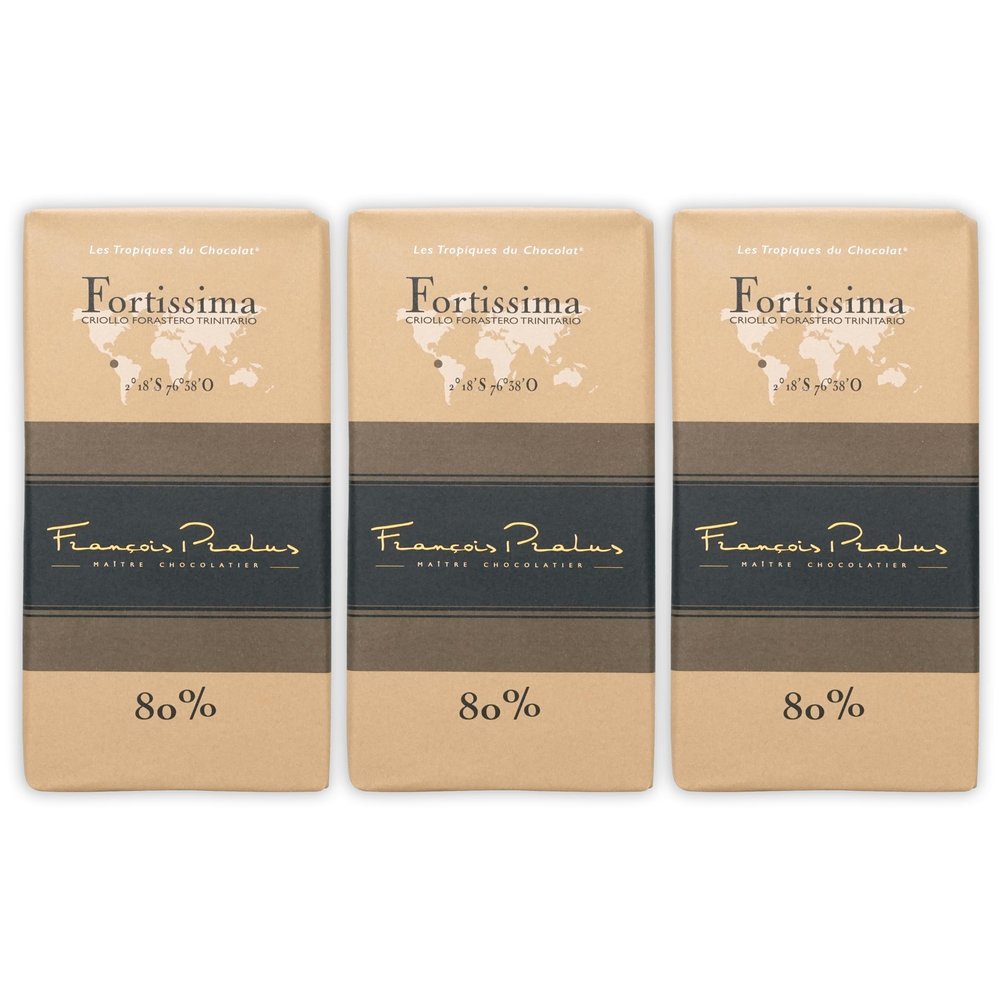 Franois Pralus Fortissima 80% Dark Chocolate 3 Pack - French Chocolate - Bean-to-Bar, Direct Trade - Vegan, Gluten-Free, Soy-Free - Bundle