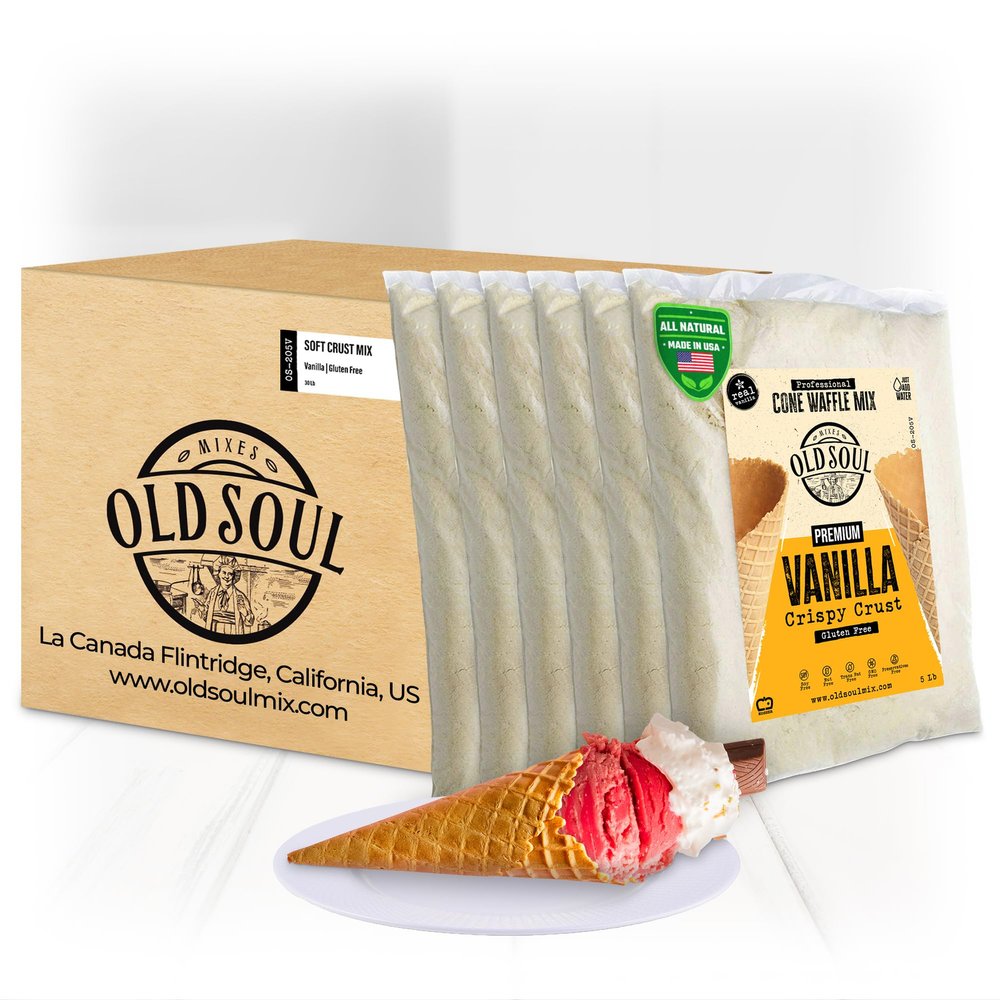 OLDSOUL Professional Cone Waffle Mix | GLUTEN FREE | Vanilla Flavour | Batter Mix | 30 Lbs | 672 Cone Waffles (30 Lbs, Gluten Free)