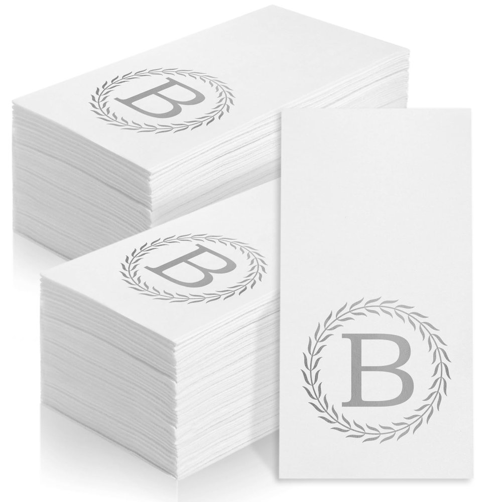 100 Silver Monogram Disposable Napkins - Letter B Hand Towels Decorative, Dinner Napkins for Guest, Monogrammed Hand Towels for Bathroom Wedding Birthday Party Baby Shower