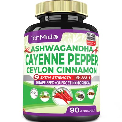 Tenmido Cayenne Pepper Supplements Capsules, 3 Months Supply & Ashwagandha, Ceylon Cinnamon, Grape Seed, Quercetin, Moringa, Ginkgo Biloba - Heart Wellness, Promotes Digestive Health -90 Caps