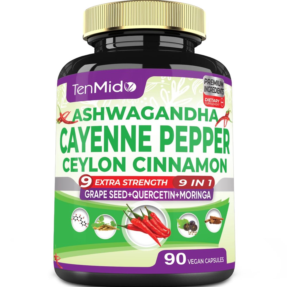 Tenmido Cayenne Pepper Supplements Capsules, 3 Months Supply & Ashwagandha, Ceylon Cinnamon, Grape Seed, Quercetin, Moringa, Ginkgo Biloba - Heart Wellness, Promotes Digestive Health -90 Caps