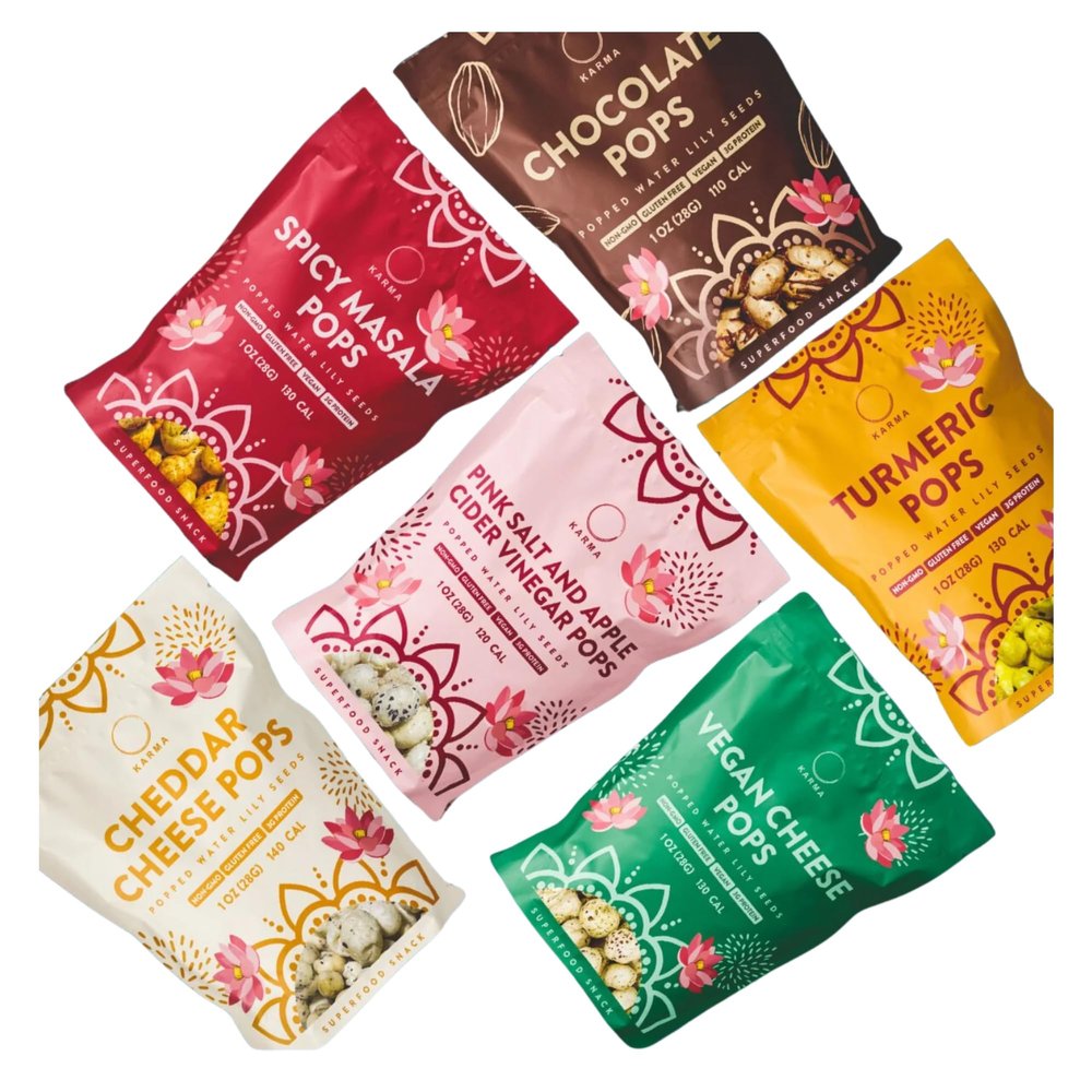 Karma Pops Variety Pack - 3g Protein, Gluten-Free, Vegan, Non-GMO - Turmeric, Chocolate, Cheddar, Masala Popped Water Lily Seeds - 1 oz (Pack of 6)