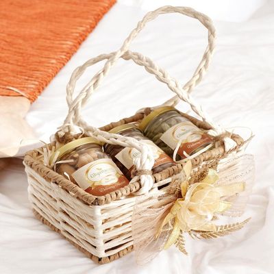 Ghasitaram Gifts Jaiccha Jute small basket with flower 3 jars |Gift for Diwali,Holi,Rakhi,Valentine,Christmas,Birthday,Anniversary,Her,Him|