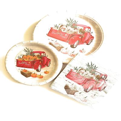 110 Piece-Rustic Fall Harvest Delights: Disposable Paper Plates, Cups, and Napkins Set with Charming Red Truck and Autumn Decorations for Thanksgiving, Holiday Parties, and More