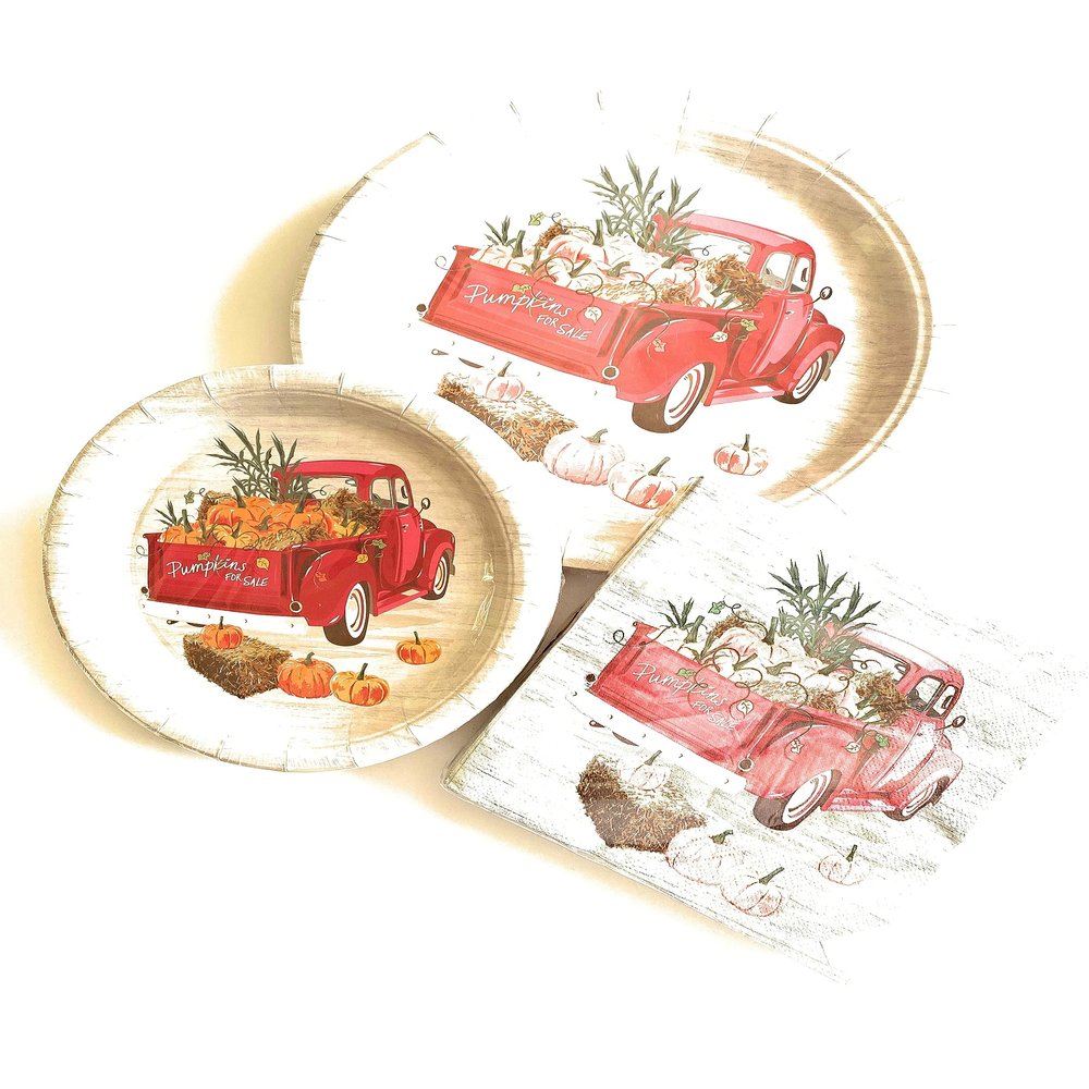 110 Piece-Rustic Fall Harvest Delights: Disposable Paper Plates, Cups, and Napkins Set with Charming Red Truck and Autumn Decorations for Thanksgiving, Holiday Parties, and More