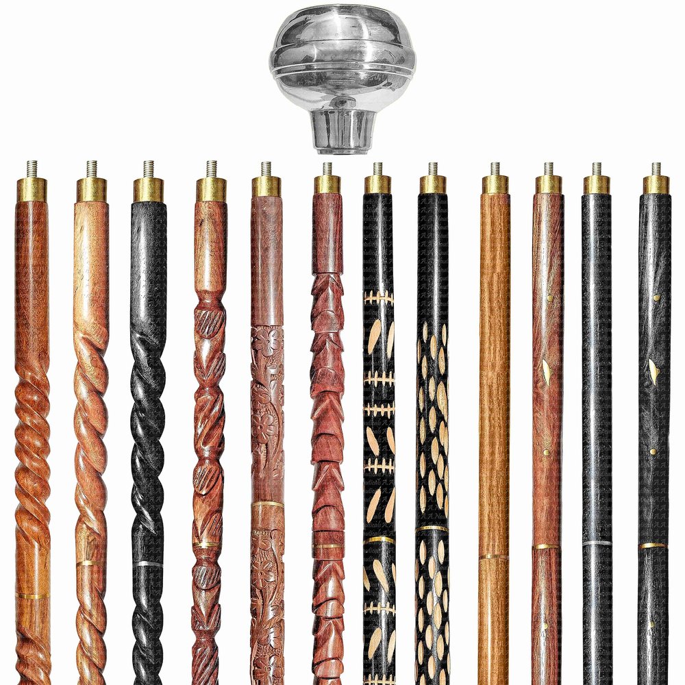 Wooden Walking Sticks and Canes Travel Collapsible for Men Women Seniors Hiking with Brass Solid Handle (Silver Polished, AANWS-110) (WS-01)
