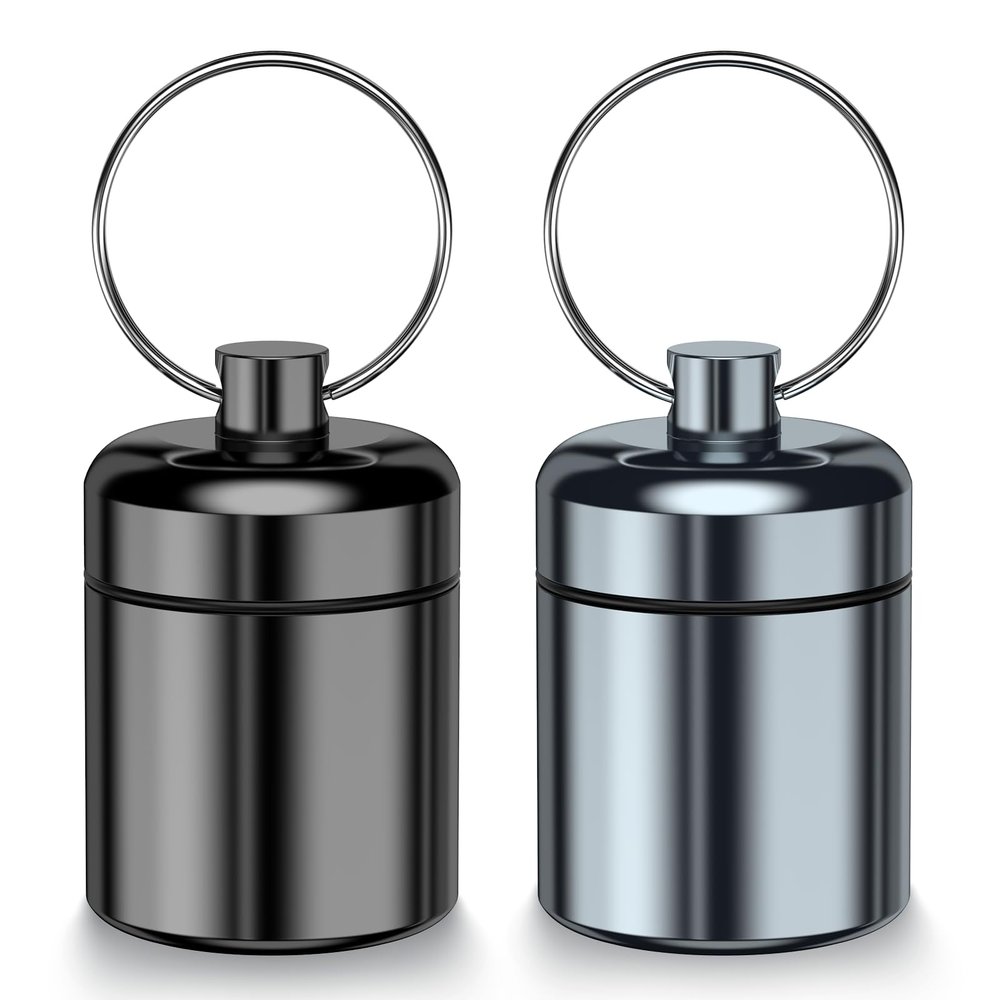 2 Pack Mini Pills Case Small Pill Holder Keychain for Purse - Portable Travel Pill Container Keychain, Waterproof Metal Daily Medicine Organizer Box for Office Outdoor Camping (Black & Grey)