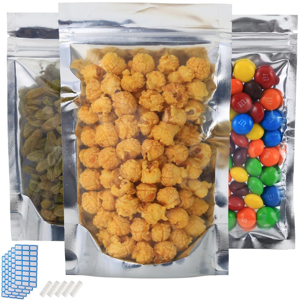 300-Pack Reclosable Large Mylar Bags for Food Storage 5.9" x 8.7" Stand Up Pouch Bags Bulk Resealable Smell Proof Aluminum Silver Foil Bags with Clear Window Kitchen Storage Edible Packaging