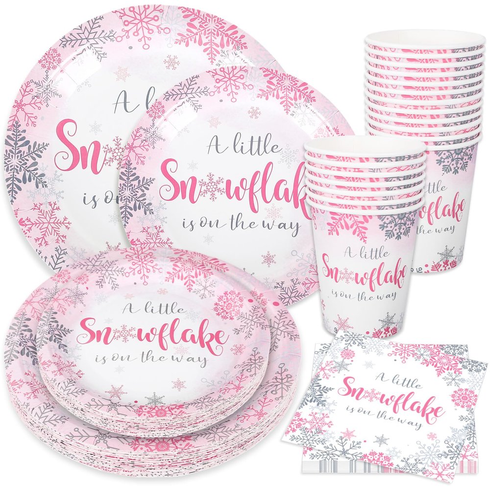 100Pcs Winter Snowflake Party Supplies Paper Plates and Napkins with Cups Set of 25 Pink Baby Shower Wonderland Party Dinner Tableware Set for Birthday Xmas Winter Holiday Table Decor