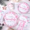 100Pcs Winter Snowflake Party Supplies Paper Plates and Napkins with Cups Set of 25 Pink Baby Shower Wonderland Party Dinner Tableware Set for Birthday Xmas Winter Holiday Table Decor view 3