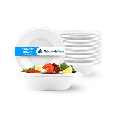 100 Pcs 12oz Disposable Bagasse Paper Bowl for Hot and Cold Food Compostable White Paper Bowls (355ml)