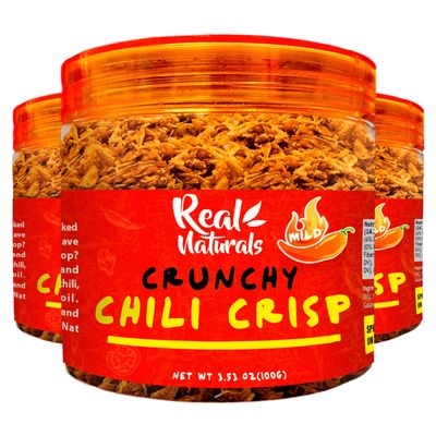Chili Crisp No-Floating Oil (3 bottles medium hot) spicy chilli crisp crunch. Crispy garlic & onion "no-oil" chili oil crisp by Real Naturals. Chili garlic sauce umami ramen toppings & rice furikaki.