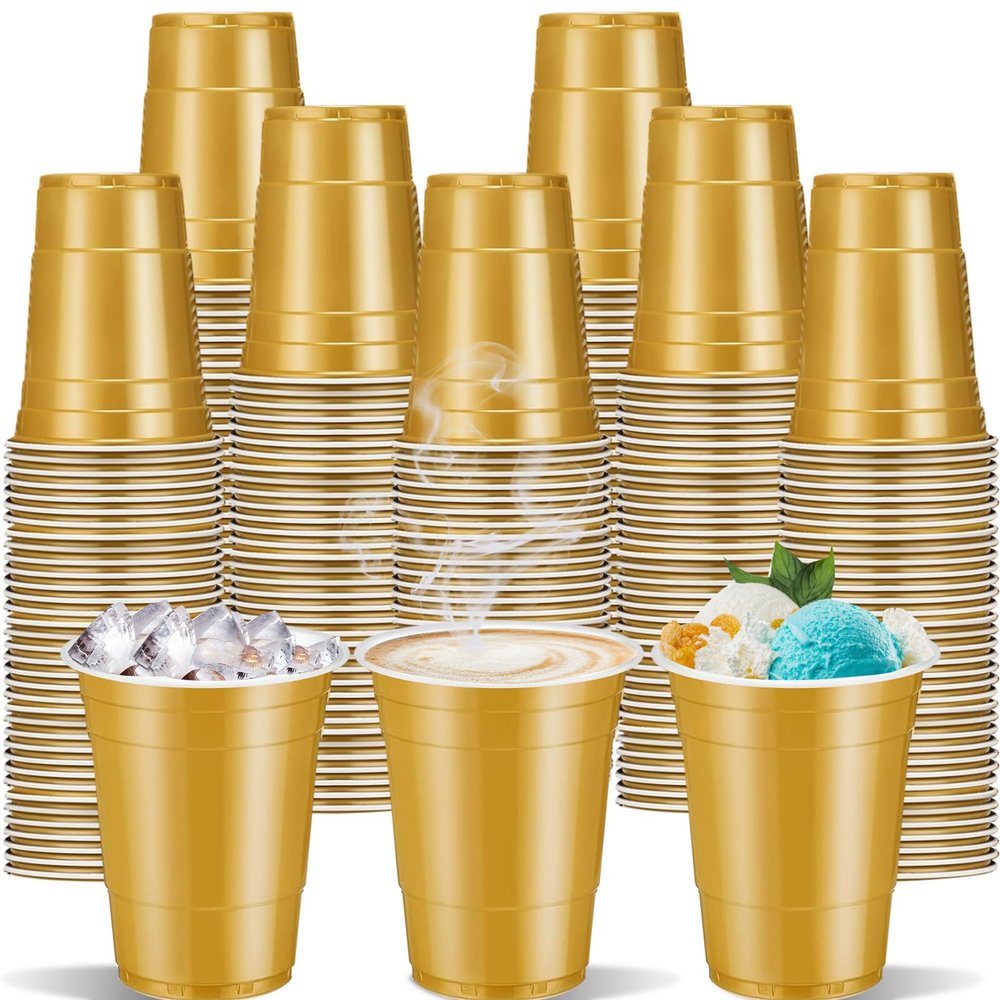cssopenss 120 pcs Gold plastic cups 16 oz Carnival plastic Disposable Cups gold Party Cups for drinking Tastings served Snacks Barbecues Picnics