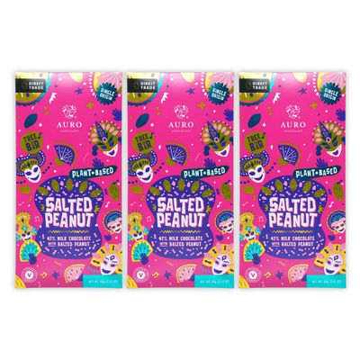 Auro Salted Peanut 47% Milk Chocolate 3 Pack - Filipino Chocolate - Premium, Made At Origin, Direct Trade, Bean-to-Bar, Woman Owned, BIPOC Owned - Vegan, Halal - Bundle
