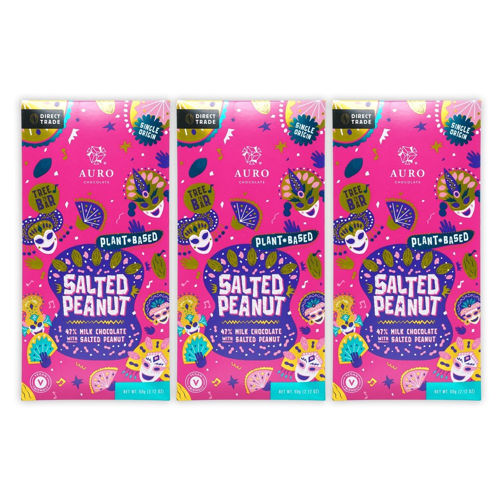 Auro Salted Peanut 47% Milk Chocolate 3 Pack - Filipino Chocolate - Premium, Made At Origin, Direct Trade, Bean-to-Bar, Woman Owned, BIPOC Owned - Vegan, Halal - Bundle