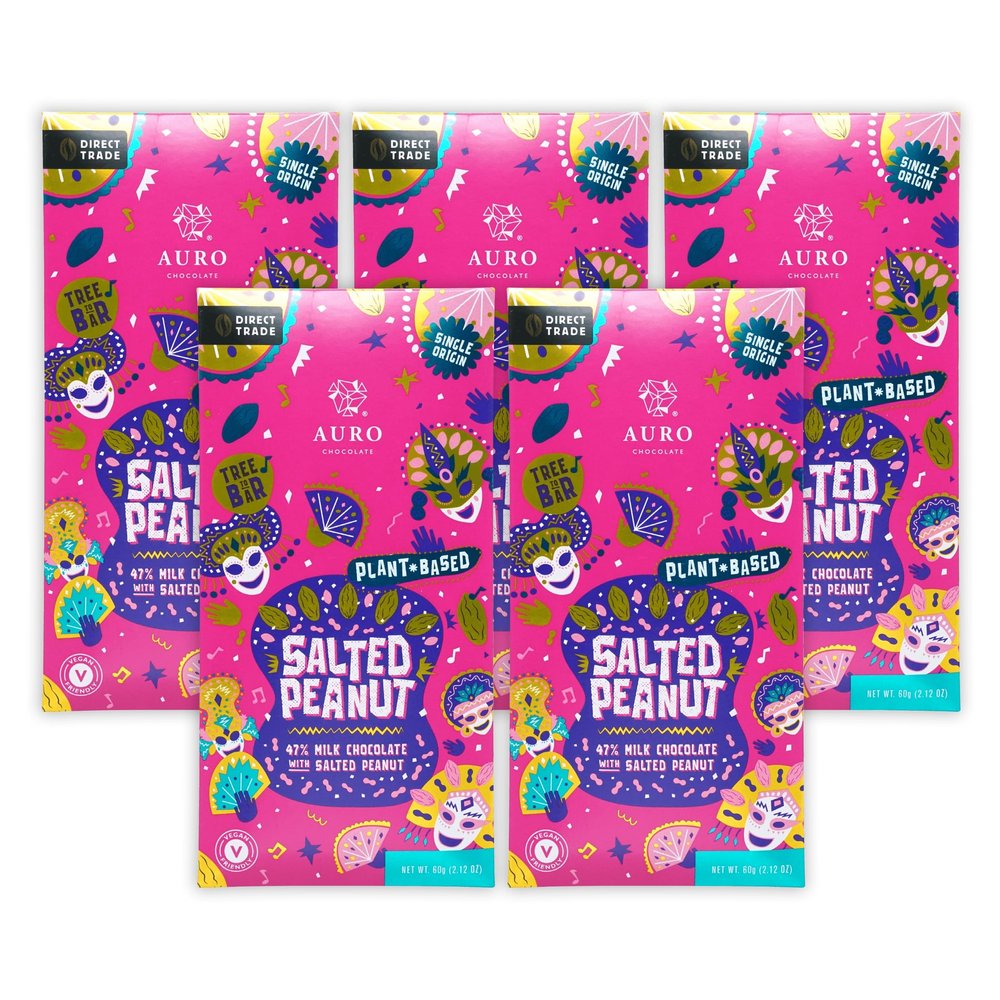 Auro Salted Peanut 47% Milk Chocolate 5 Pack - Filipino Chocolate - Premium, Made At Origin, Direct Trade, Bean-to-Bar, Woman Owned, BIPOC Owned - Vegan, Halal - Bundle