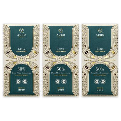 Auro Reserve Luna Dark Milk 50% Milk Chocolate 3 Pack - Filipino Chocolate - Premium, Made At Origin, Direct Trade, Bean-to-Bar, Woman Owned, BIPOC Owned - Halal - Bundle