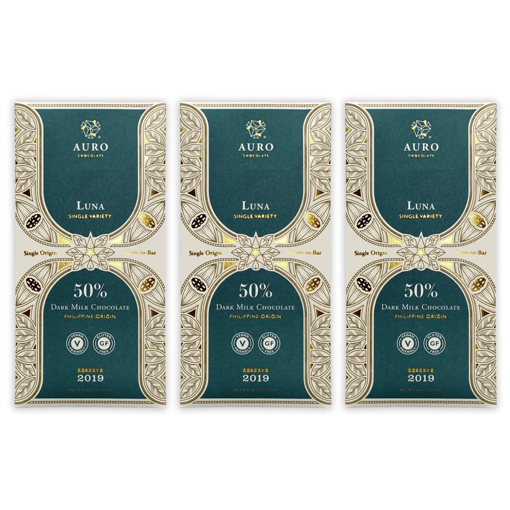 Auro Reserve Luna Dark Milk 50% Milk Chocolate 3 Pack - Filipino Chocolate - Premium, Made At Origin, Direct Trade, Bean-to-Bar, Woman Owned, BIPOC Owned - Halal - Bundle