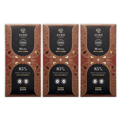 Auro Reserve Mana Single Estate 85% Dark Chocolate 3 Pack - Filipino Chocolate - Premium, Made At Origin, Direct Trade, Bean-to-Bar, Woman Owned, BIPOC Owned - Vegan, Gluten-Free, Halal - Bundle