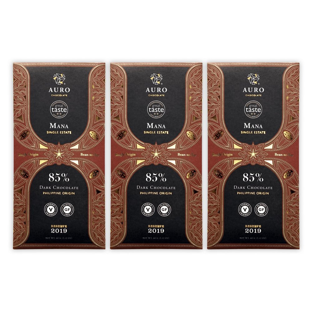 Auro Reserve Mana Single Estate 85% Dark Chocolate 3 Pack - Filipino Chocolate - Premium, Made At Origin, Direct Trade, Bean-to-Bar, Woman Owned, BIPOC Owned - Vegan, Gluten-Free, Halal - Bundle