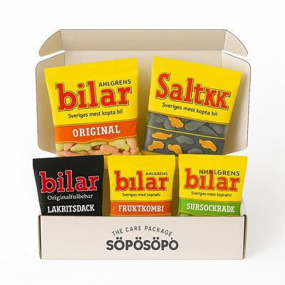 Ahlgrens Bilar Mix Set 5 Flavor packs - Swedish Candy Original - Saltlakrits - Sursockrade - Fruktkombi -Lakritsdck in a SOPOSOPO Box (Total of 5 items) SPSP