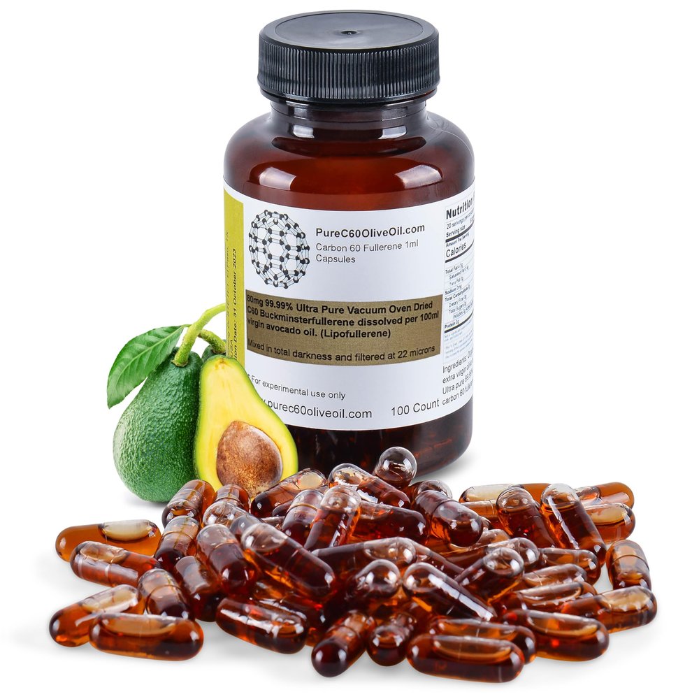 PureC60OliveOil.com C60 Organic Avocado Oil Capsules Pills 100ml / 3.4 Fl Oz - 99.99% Carbon 60 Solvent Free 80mg - Food Grade - Carbon 60 Avocado Oil - from The Leading Global Producer