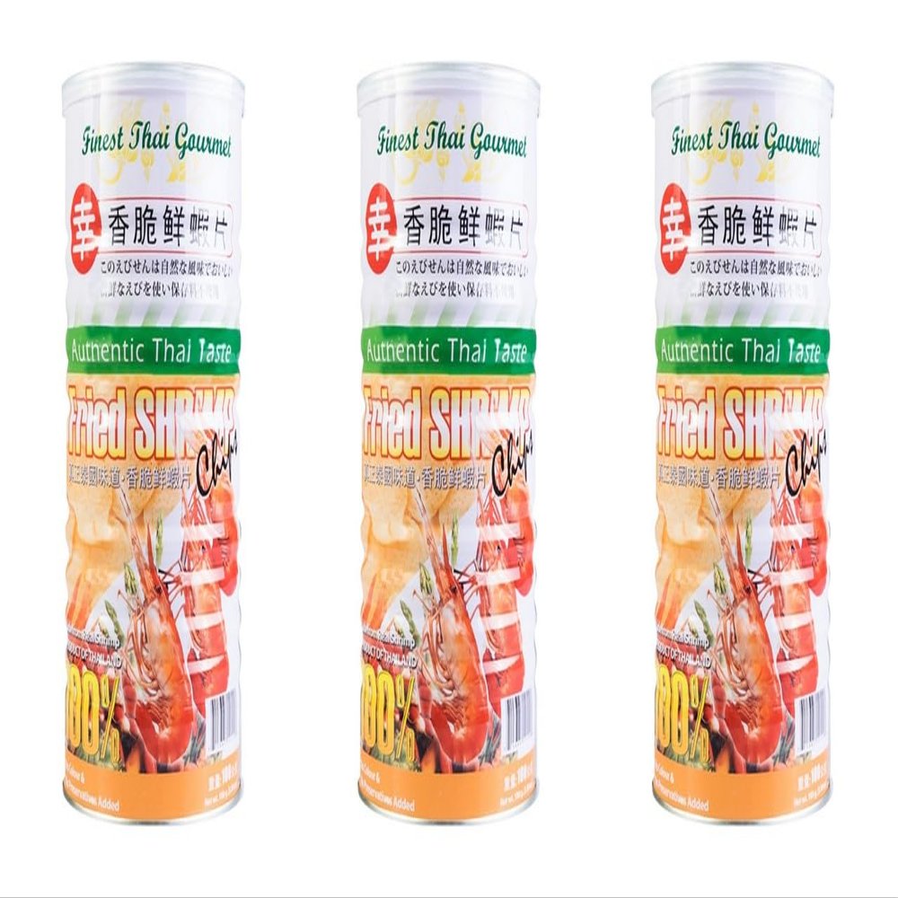 3 Packs - Thai Gourmet Fried Shrimp Chips - Banh Phong Vi Tom - 100 g per Can with 3 Cans per Order - Product of Thailand