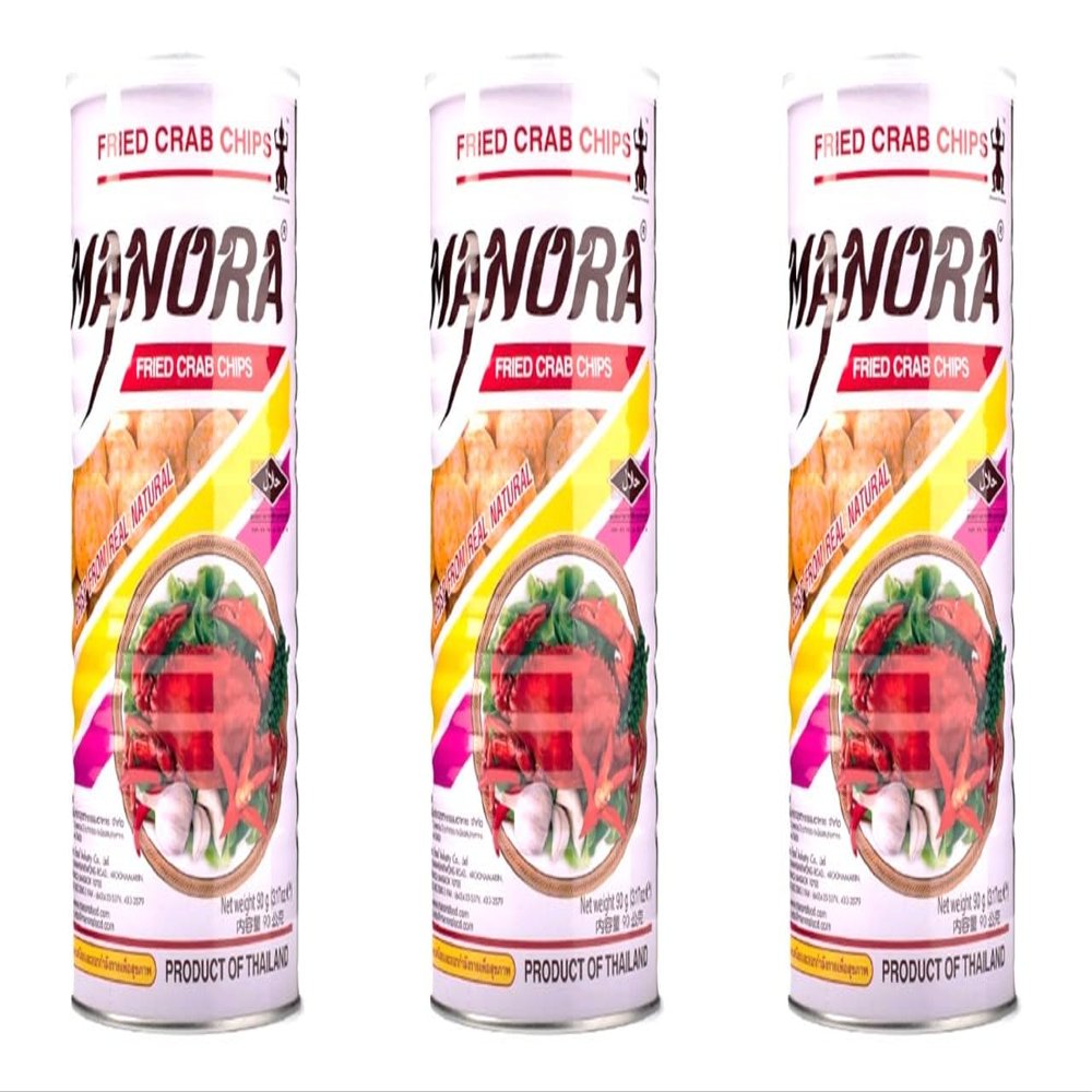 3 Packs - Manora Fried Crab Chips - Banh Phong Vi Cua - 90 g per Can with 3 Cans per Order - Product of Thailand